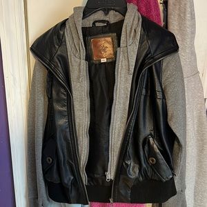 Black leather jacket with cloth sleeves and hood